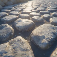 Sun-drenched cobblestone path, stones varied in size and shade of grey,  mortar visible between, perspective leading towards light source