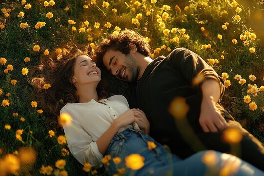 young couple lying on the grass surrounded by yellow flowers smiling happily enjoying a peaceful moment together in warm sunlight - Powered by Adobe