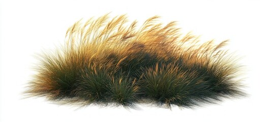 A lush clump of golden-tipped ornamental grass blades with dense green foliage, softly lit against a white background evoking calm and natural beauty
