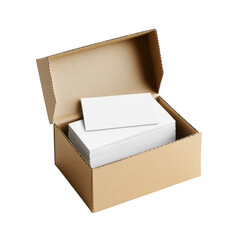 Blank business cards in cardboard box isolated on transparent background