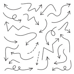 Simple hand drawn lines with black arrows arranged in various styles. Simple hand drawn black arrows. Collection of hand drawn curved, scribbled and zigzag arrows. Simple directional lines in black.