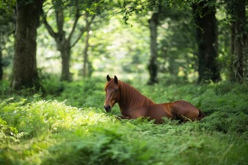 Naklejka premium Brown horse resting in a tranquil forest clearing surrounded by lush green foliage during a sunny day, Brown horse resting in lush green forest clearing