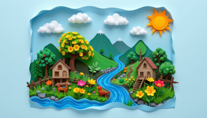Vibrant paper art scene depicting serene landscape with mountains, river, and charming houses surrounded by colorful flowers