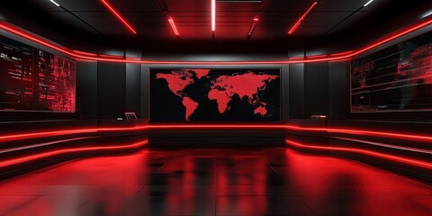 Futuristic dark control room illuminated with red neon lights featuring a large digital map of the world and multiple data screens on three walls