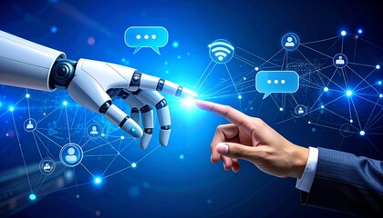 Human and robotic hands connect, symbolizing AI collaboration and digital interaction