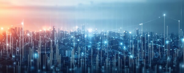 Digital data visualization overlaying a cityscape at dusk representing network connection and smart technology advancements
