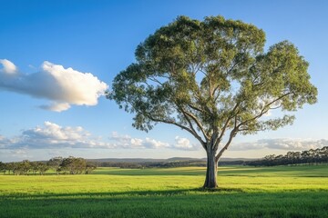 Obraz premium Majestic eucalyptus tree stands alone in lush green pasture during a bright day in rural Australia, Big eucalyptus tree on green pasture in rural Australia