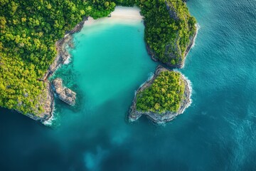 Exotic aerial view of a tropical bay in Thailand showcasing lush greenery and crystal-clear waters, Exotic Thailand travel destination aerial landscape view Phuket island south