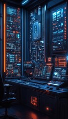 Futuristic control room; monitoring systems; dark ambiance; digital displays; tech background; wallpaper