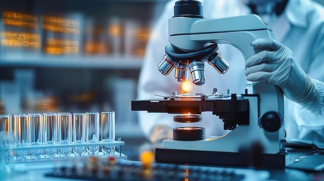 Scientist wearing gloves using a microscope in a laboratory with test tubes lined up and blurred chemical bottles in the background
