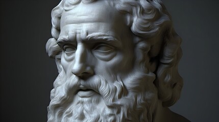 Close-up of a meticulously detailed, classical bust depicting an aged man with a flowing beard and hair, rendered in a light-grey hue against a dark backdrop, emphasizing texture and shadow