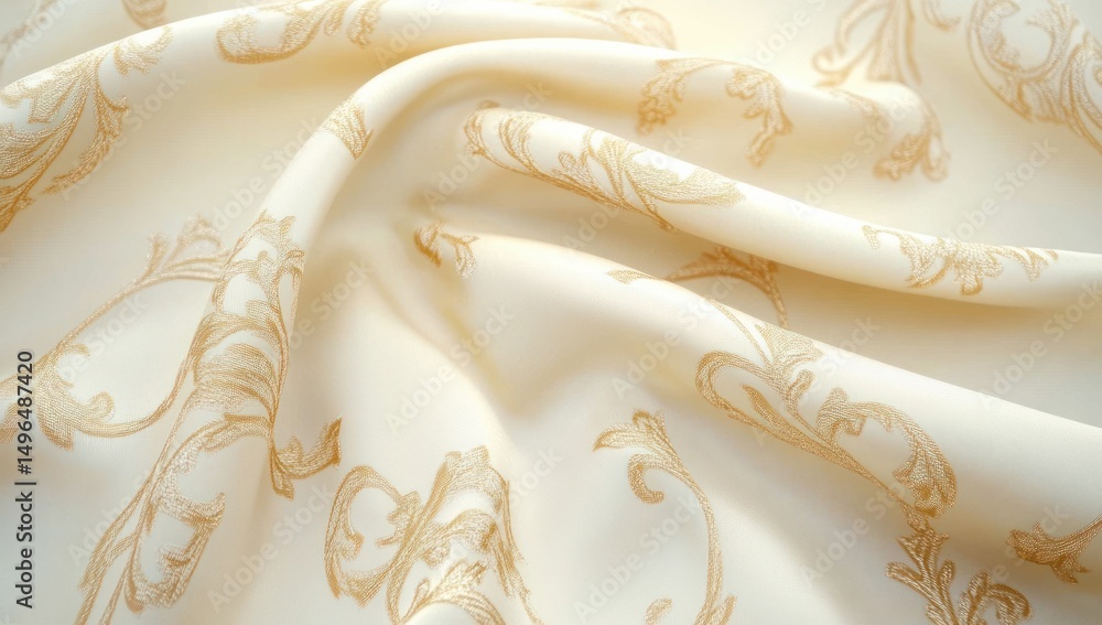Poster close-up of soft cream-colored fabric with golden floral ornate patterns gently folded creating a sm