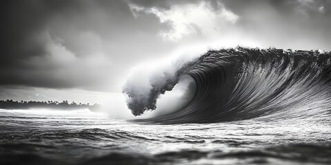 Monochromatic Majesty: A colossal wave crashes in dramatic grayscale, showcasing nature's raw power and the ocean's untamed spirit.