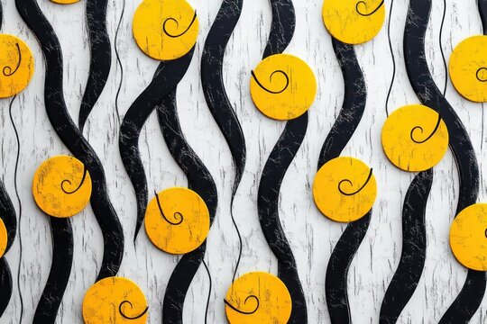 abstract wall art featuring alternating vertical wavy black lines and textured yellow circular discs with black swirl patterns on white weathered background