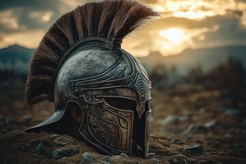 ancient warrior helmet with elaborate crest resting on rocky ground at sunset in a rugged landscape