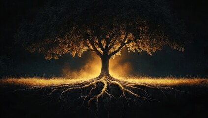 Large tree glowing with warm golden light illuminating its detailed roots beneath the ground in a dark surrounding, symbolizing strength and connection