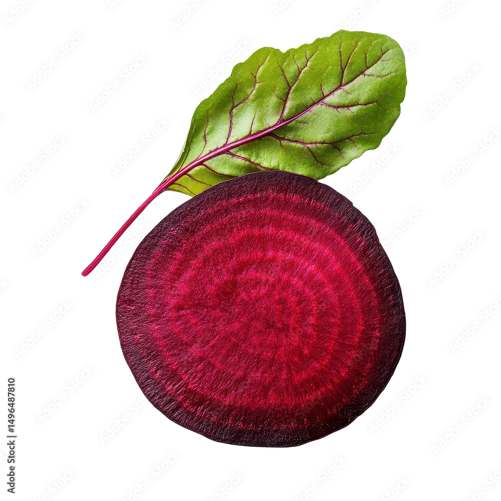 Poster freshly cut slice of beetroot with vibrant leaf on transparent background for culinary use, slice of