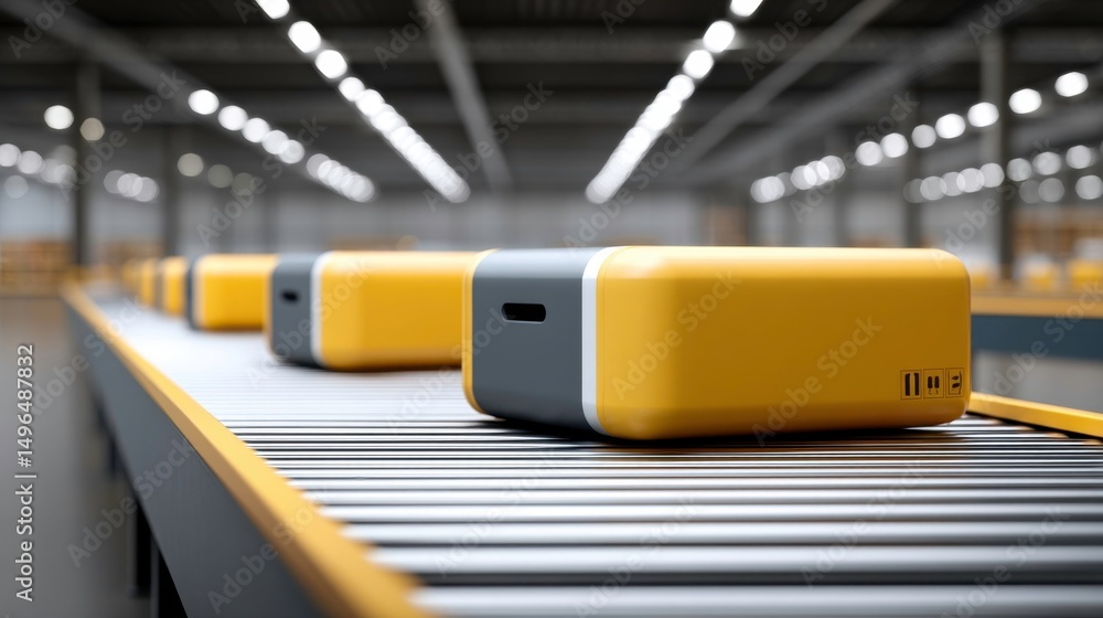 Poster automated logistics, conveyor belt, package delivery. modern warehouse with packages on a conveyor s