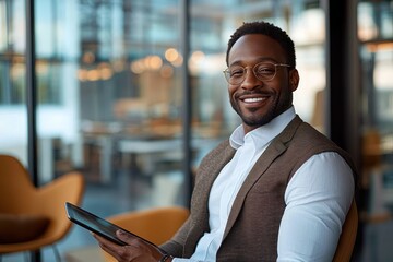 Fototapeta premium Young man wearing glasses and a vest smiling while holding a digital tablet in a modern office environment with blurred background