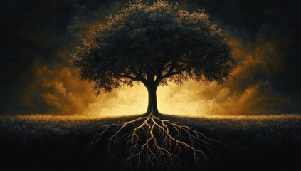 A large tree illuminated by a warm golden light with sprawling roots visible underground against a dark and moody background, symbolizing strength and growth