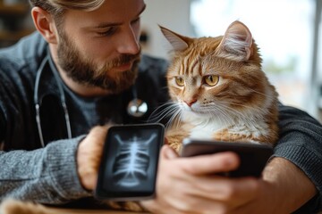 A veterinarian holding an orange and white cat and showing its x-ray image on a smartphone, displaying care and attentiveness in a bright room