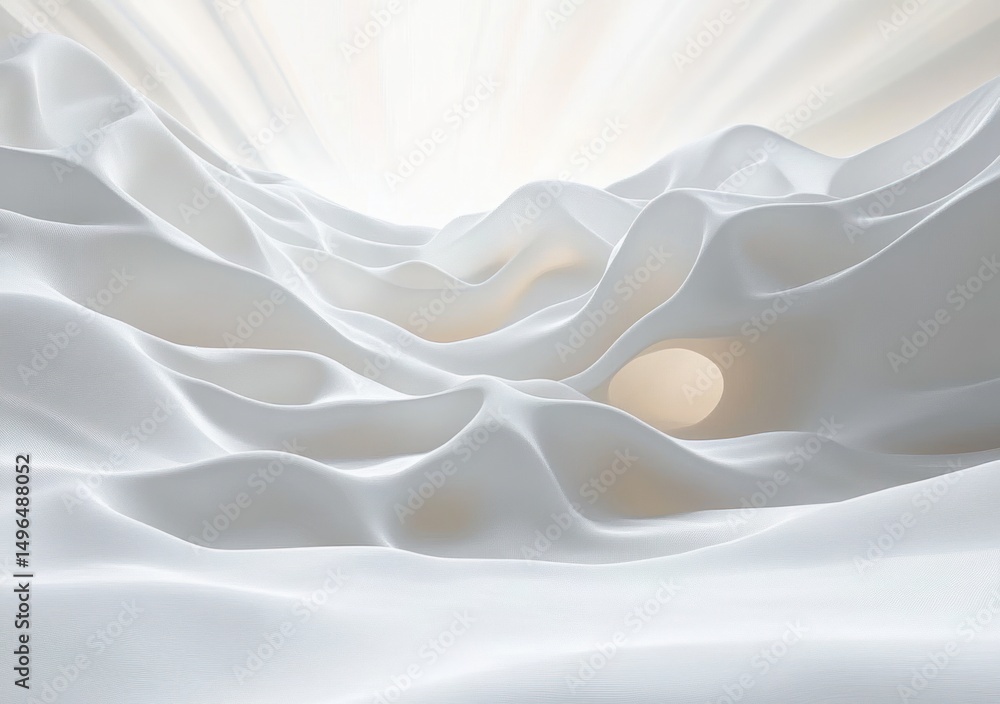 Poster smooth white flowing fabric or material creating soft wave-like hills under bright light with a glow
