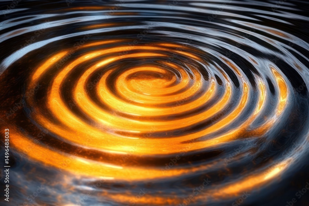 Poster close-up of glowing golden light reflecting on concentric water ripples creating a vibrant spiral pa