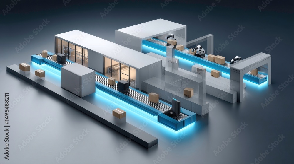 Poster automated warehouse system with robotic arms and conveyor belts for package delivery and logistics.