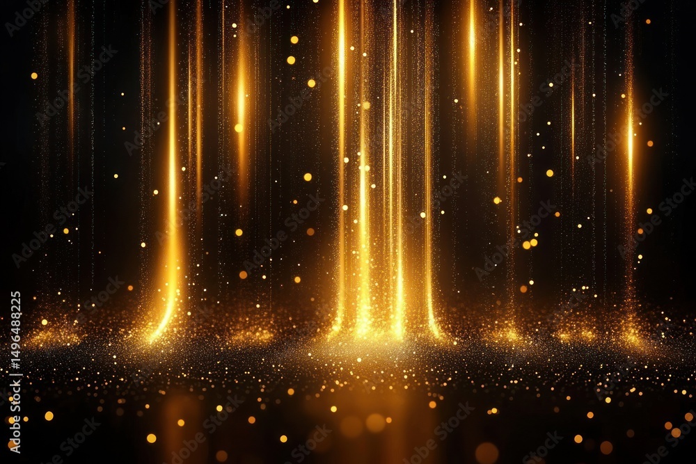 Poster golden shimmering light beams and particles falling against a dark background creating a magical and