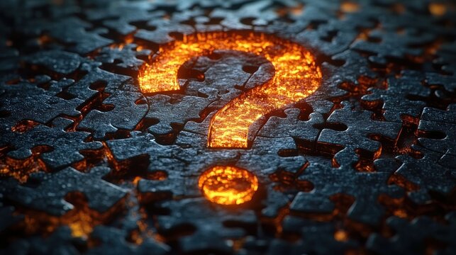 Illuminated glowing orange question mark formed by dark interlocking puzzle pieces with fiery texture underneath creating a mysterious and intriguing atmosphere