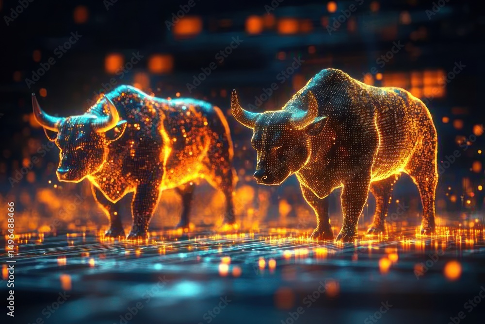 Poster digital representation of two glowing bulls composed of illuminated dots and lines standing on a fut