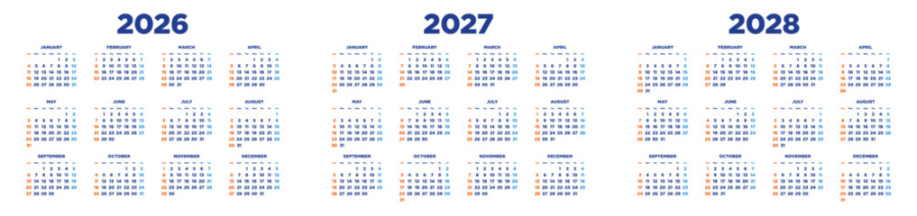 Three-year calendar for 2026-2028, horizontal design