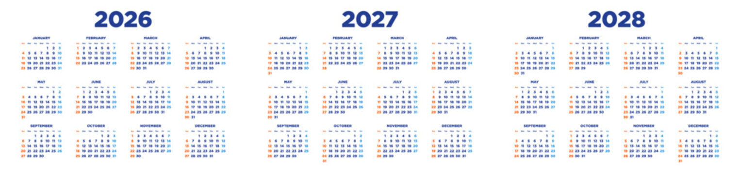 Three-year calendar for 2026-2028, horizontal design