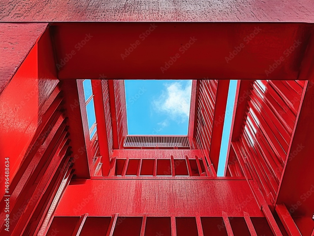 Aufkleber view looking up inside a vibrant red geometric architectural structure with open sky visible at the 