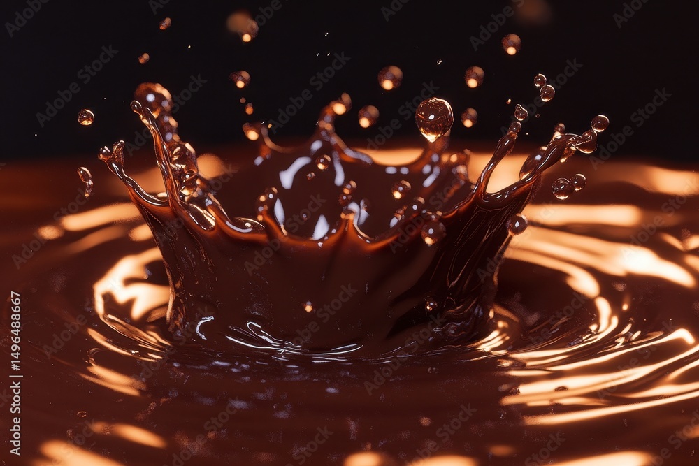 Poster chocolate splashes dramatically into a dark pool creating a captivating crown effect, closeup shot o