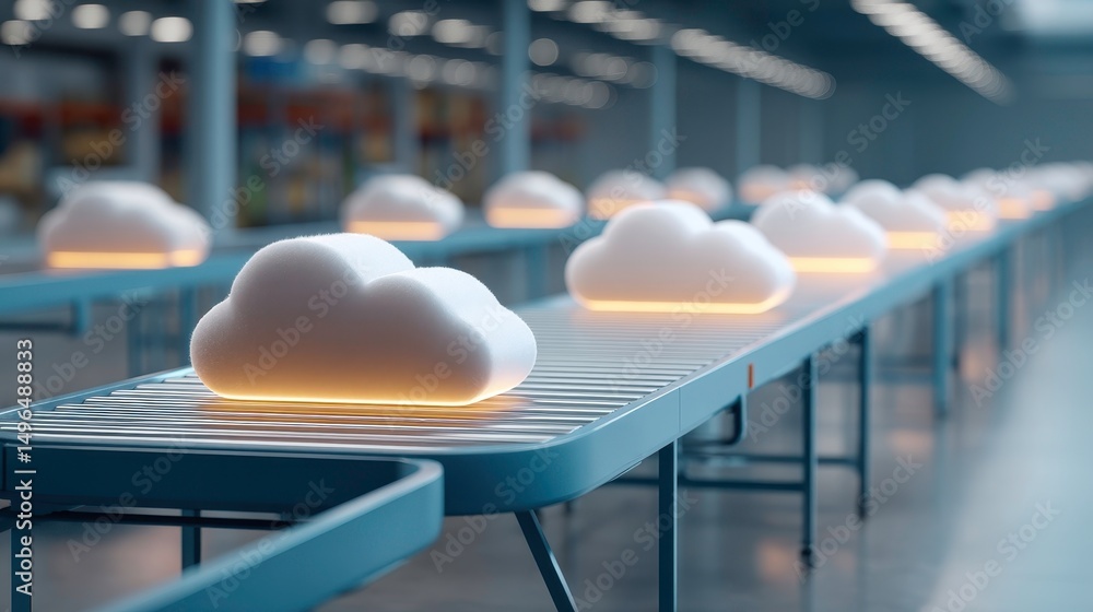 Poster cloud computing factory: data flow on conveyor belt for information technology.