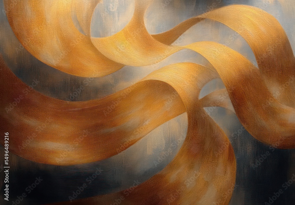 Poster abstract composition of flowing golden ribbons intertwining against a muted blue and gray background