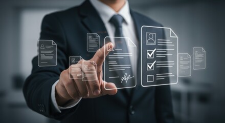 A businessman in a suit interacts with a futuristic digital interface, managing electronic documents for human resources, reviewing and approving online candidate applications on a virtual touchscreen