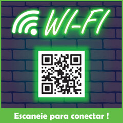 Placa Neon Wi-Fi Gr&aacute;tis com QR Code. Arte nas Cores Branco e Verde com Textura de Tijolos ao Fundo.	