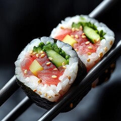 Close-up of fresh sushi rolls with sliced cucumber, tuna, and avocado topped with sesame seeds held by black chopsticks on a dark background