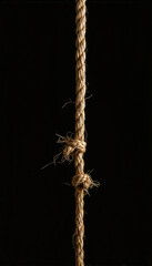 Frayed Torn Rope Split Apart, Broken Cord with Fibers, Black Background, Tension and Disruption Concept