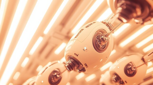Close-up view of futuristic, glowing robotic spheres.