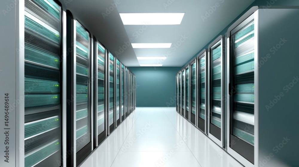 Poster data center server room with rows of servers. modern technology infrastructure.