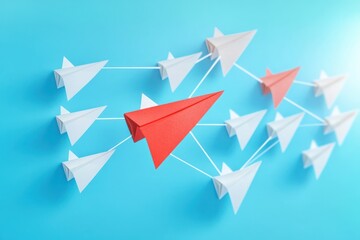 Red paper airplane leading a group of white paper airplanes connected with strings on a blue background symbolizing leadership and teamwork