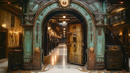 Fototapeta premium Ornate teal arched doorway with a large, aged, open vault door leading to a dimly lit corridor with marble floors