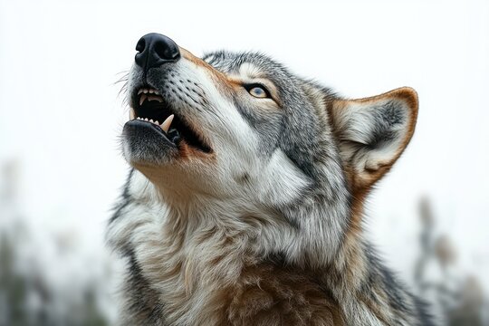 close-up of a gray wolf howling with mouth open and sharp teeth visible against a blurred natural background
