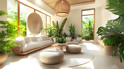 Tropical indoor living area with light beige furniture and plants.