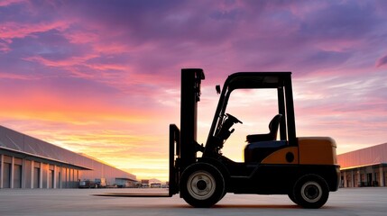 Forklift Truck Silhouette at Sunset, Warehouse Logistics and Supply Chain