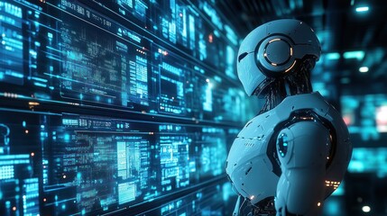 Futuristic robot analyzing multiple glowing digital data screens in a high-tech control room emitting a blue hue