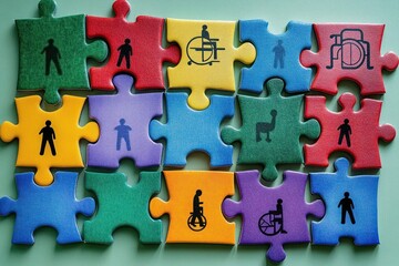 Colorful jigsaw puzzle pieces laid out with black symbols representing able-bodied and wheelchair users, symbolizing inclusion and accessibility